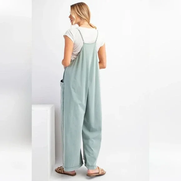 New Easel Dusty Blue Mineral Washed Cotton Jumpsuit
